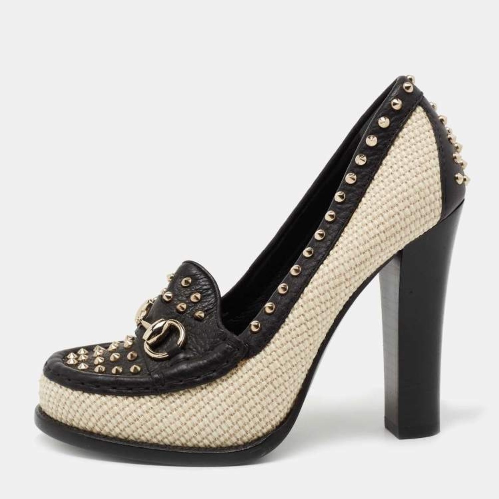 Gucci Black/Cream Leather and Straw Studded Horsebit Alyssa Loafer Pumps Size 38 - Picture 10 of 10